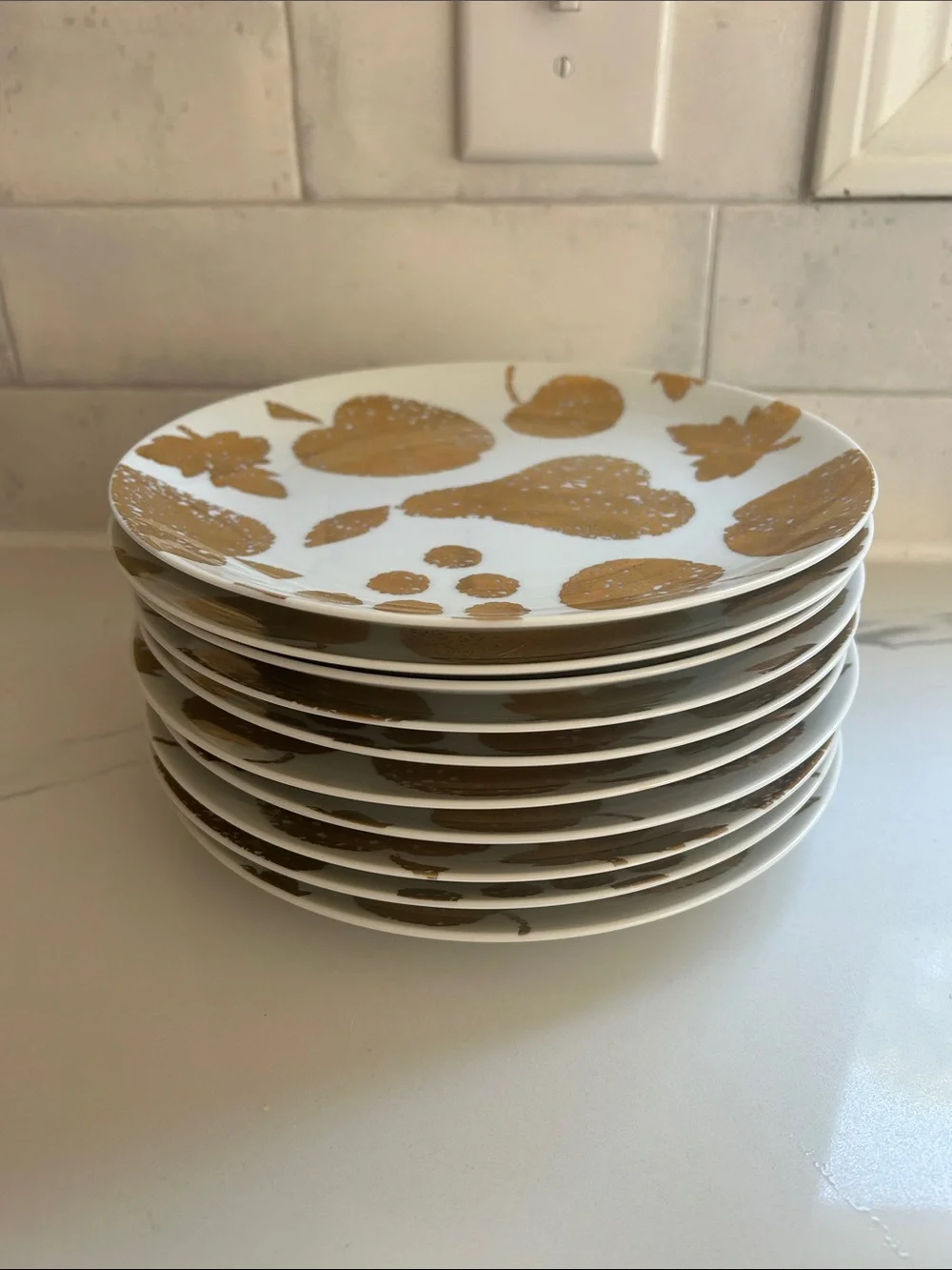 Crate & Barrel Porcelain White Salad Plate with Gold Fruit Motif